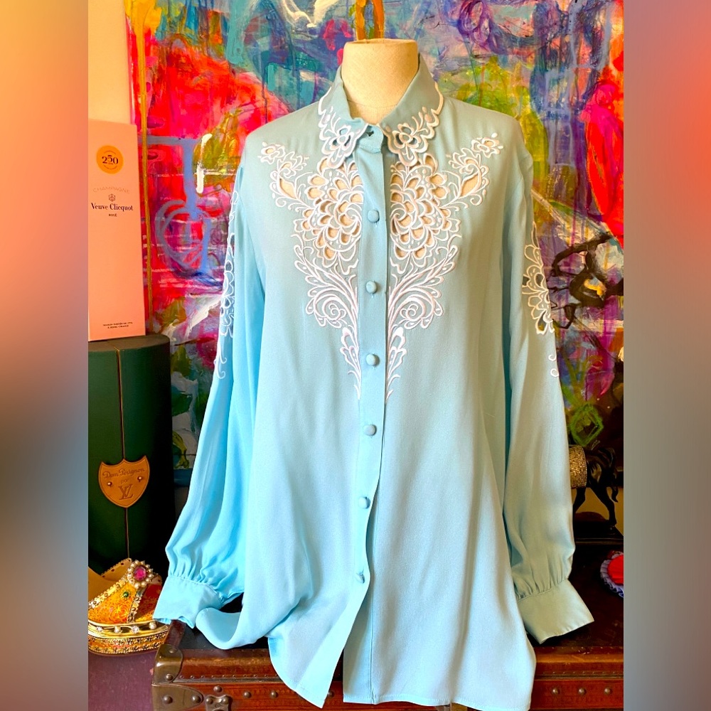 Stunning Vintage BOB MACKIE Wearable Art Mint Tone Silk Floral Cutout  Blouse ❤️
